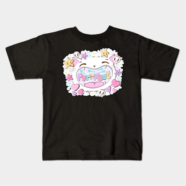 Purrfect cute cat in kawaii style Kids T-Shirt by studiomogwai